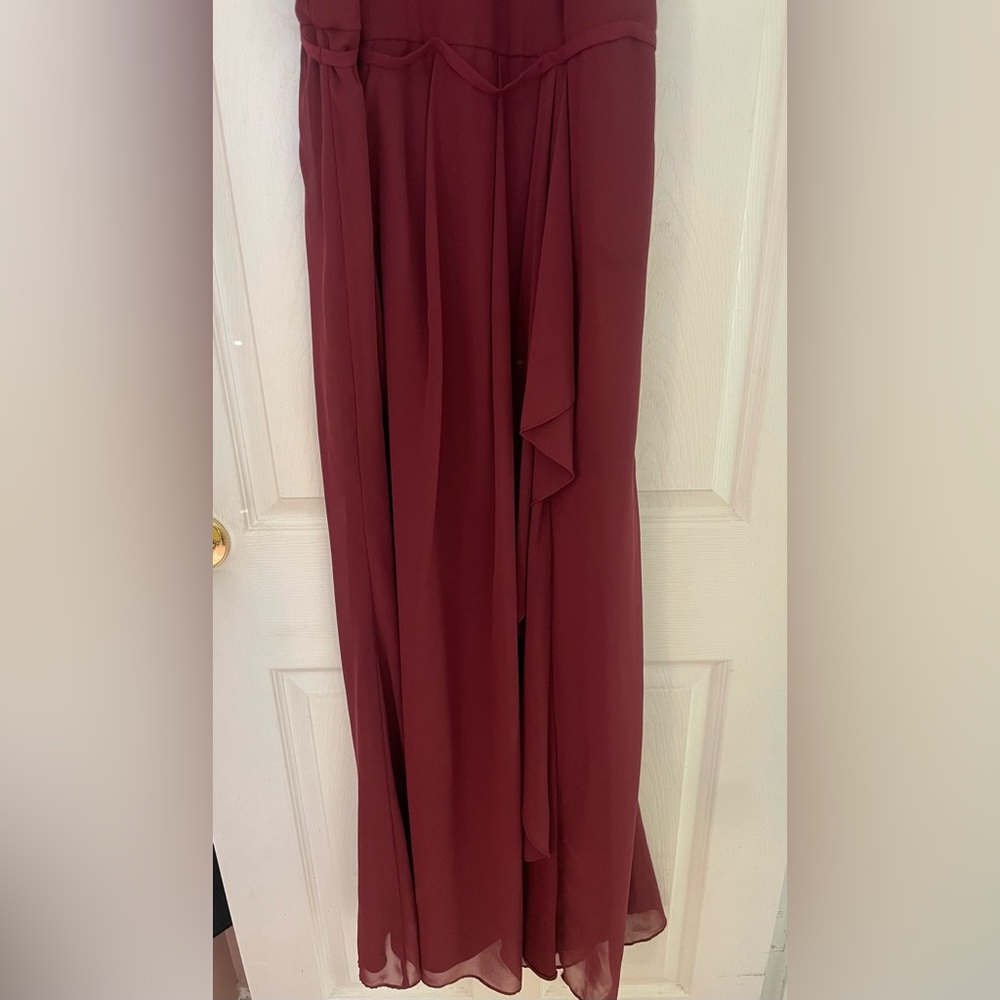 Wine Colored David’s Bridal Dress high-neck chiffon dress with cascade - Picture 6 of 8